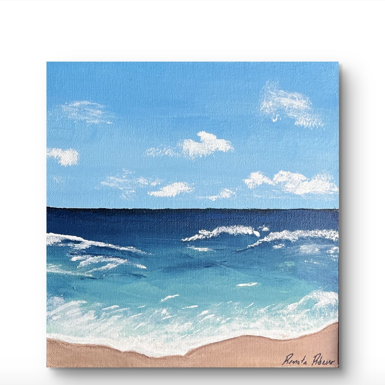 Tela Praia, pintura acrílica 14×15 cm, Renarte Rio de Janeiro